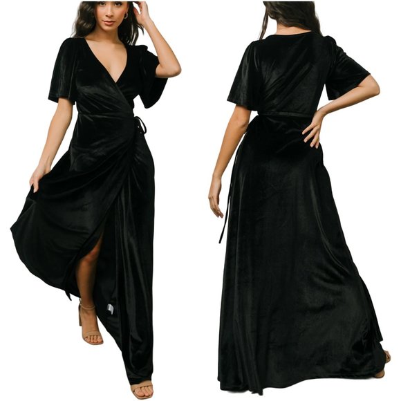 Baltic Born Meghan Velvet Wrap Maxi Dress size M medium black short sleeve - Picture 1 of 12